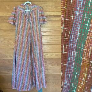 Vintage 70s plaid pattern ruffle sleeve handmade maxi dress